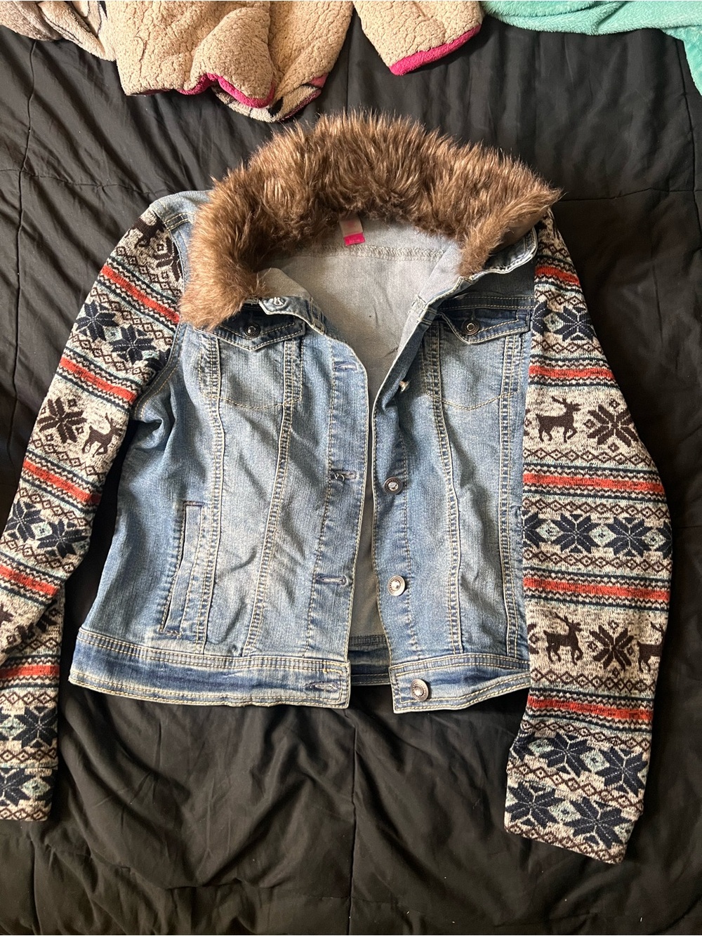 Denim Jacket with Faux Fur Hood and Fair Isle Knit Sleeves - Blue Vintage